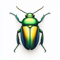 Colorful beetle illustration with vibrant green and gold hues on white background.