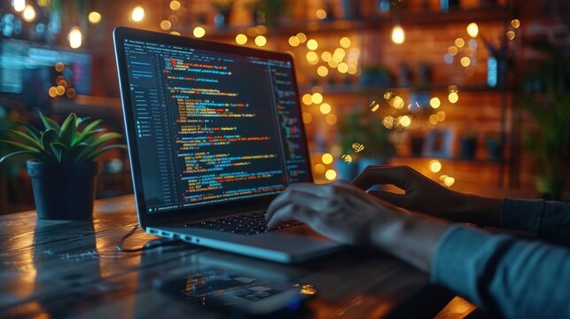 JavaScript programmer coding on a laptop in a cozy setup