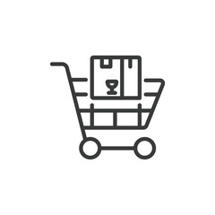Box in cart, icon in line design. Box, cart, shopping, delivery, package, product, retail on white background vector. Box in cart editable stroke icon