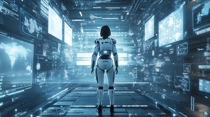 Female Robot Navigates Futuristic Digital Corridor