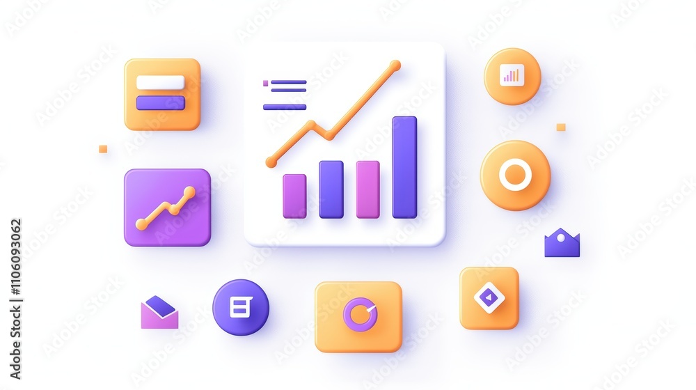 Poster colorful graphs and charts representing data analytics against a white background.