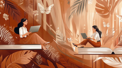 Fototapeta premium Women Reading on Books Surrounded by Nature and Butterflies