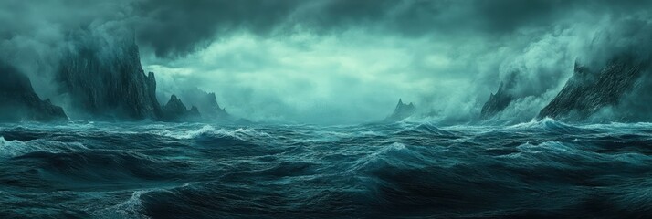 Fototapeta premium A breathtaking depiction of turbulent ocean waves crashing against rocky mountains under a dramatic stormy sky, showcasing nature's raw power and beauty.