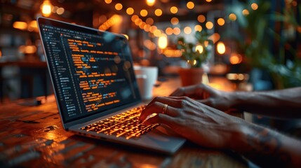 Programmer working on a laptop with code on the screen