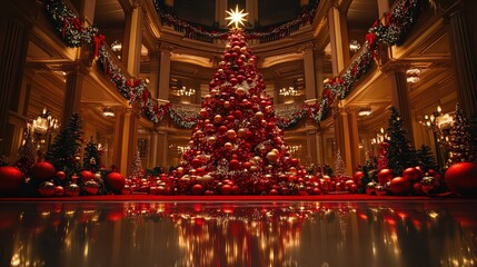 Fototapeta premium Majestic Christmas tree adorned with red and gold ornaments in a grand hall, surrounded by festive garlands and holiday decor.