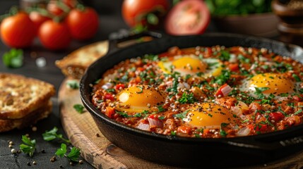Fototapeta premium Rustic cast iron skillet filled with shakshuka