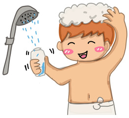 A boy take a bath and wash his hair