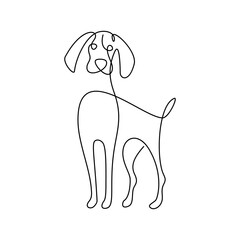 Cute dog in continuous line art drawing style. Cartoon hunting dog black linear design isolated on white background. Vector illustration