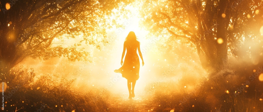 Poster Enigmatic Figure Walking Through a Sunlit Forest Path Surrounded by Ethereal Glow and Warm Golden Light Creating a Magical and Dreamlike Atmosphere