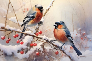 Fototapeta premium two bullfinches on a branch with berries in winter., watercolor style, 