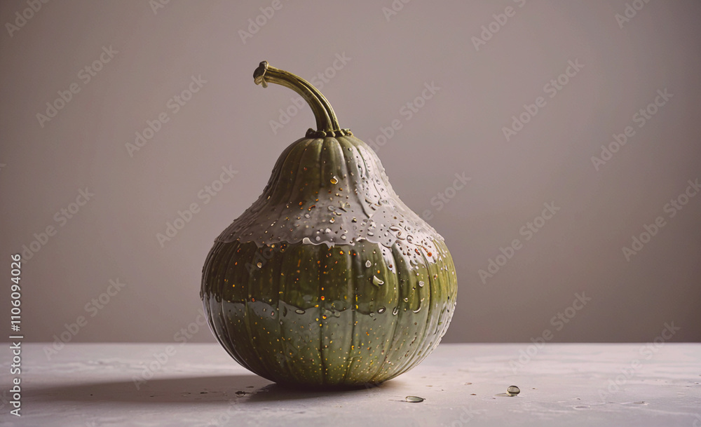 Poster green pumpkin is sitting on a table. it is wet and has a stem