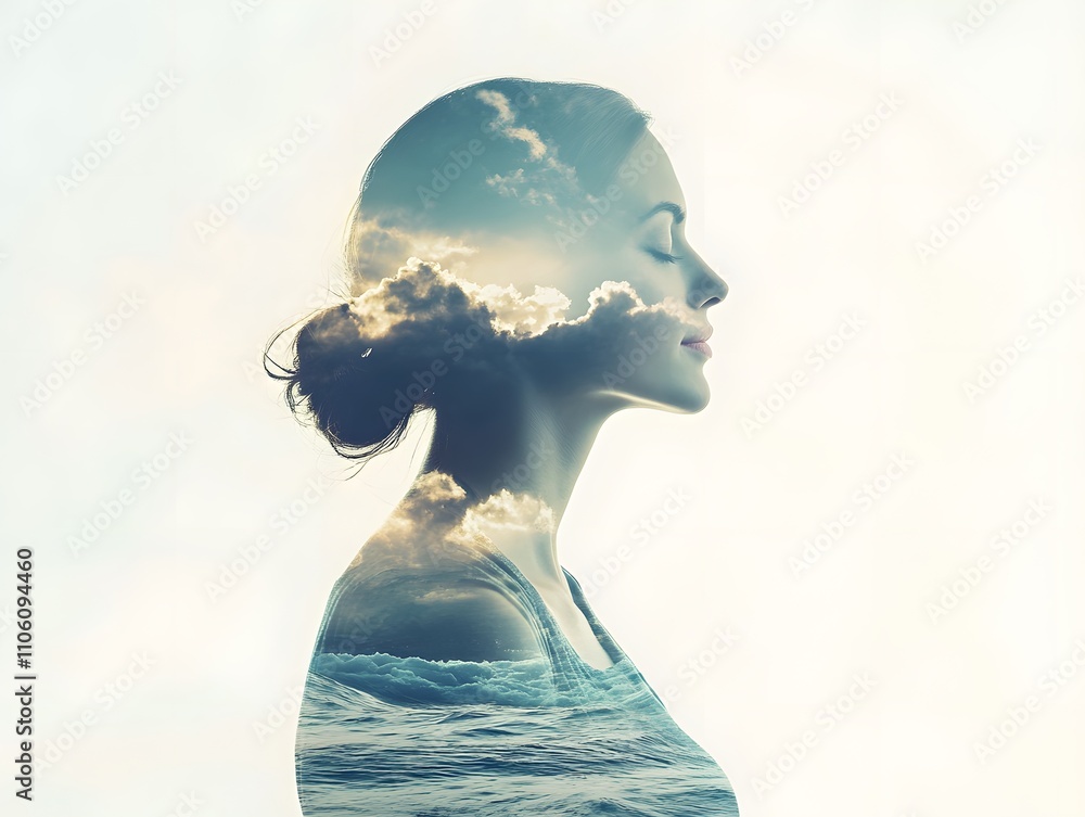 Poster serene woman surrounded by ocean waves and ethereal clouds in a dreamlike double exposure photograph