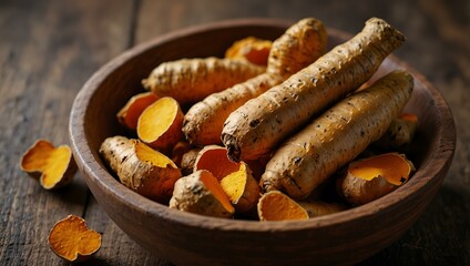 Fresh turmeric roots in a wooden bowl.