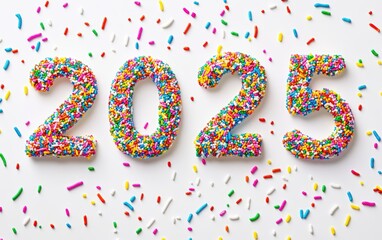 Obraz premium 2025 Made of Rainbow Sprinkles â?“ Numbers crafted with colorful sprinkles in a cheerful and vibrant pattern. Festive and playful, white background.