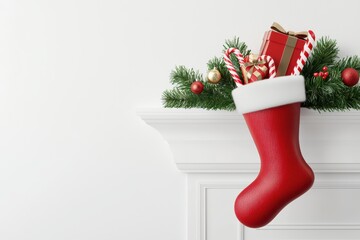 Festive Christmas stocking filled with gifts and candy canes, decorated with pine branches on a white background.