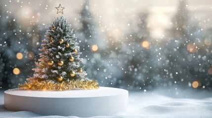 Snowy Christmas tree with glowing golden lights on white platform amidst falling snow, symbolizing festive winter charm.