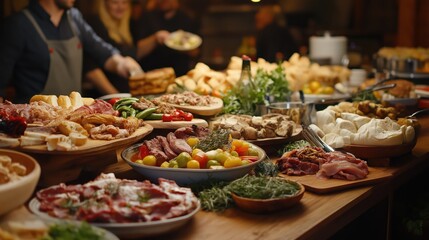 Obraz premium People group catering buffet food indoor in restaurant with meat colorful fruits and vegetables. world winning photo created by ai