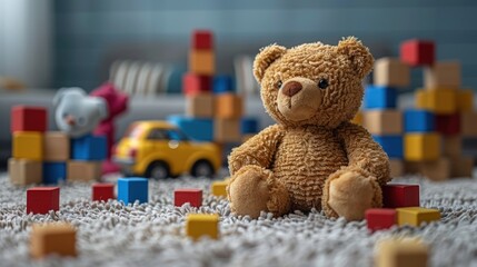A set of children's toys including blocks, a teddy bear, and more