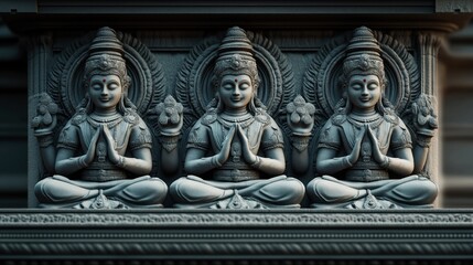 Intricate stone carving of three Hindu deities seated in meditation pose on temple wall with detailed ornamental designs and serene expressions, highlighting religious architecture.