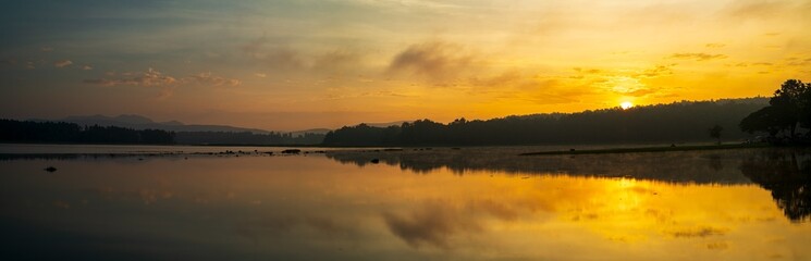 Panoramic top view of lake and forest in nation park, Thailand. Nature background.