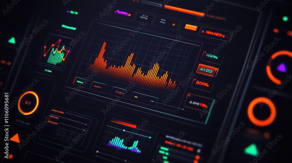 Poster futuristic data visualization dashboard with vibrant graphs and controls.