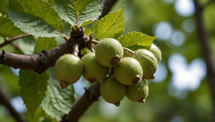 Obraz premium Fresh, unripe hazelnuts on the tree, organic and healthy.