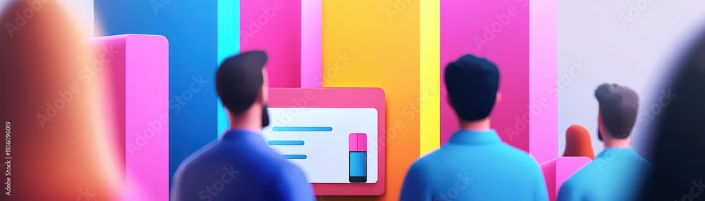 Poster group of people attending a presentation with colorful backdrop and digital display.