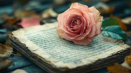 Romantic rose resting on an old book surrounded by leaves in soft autumn light. Generative AI