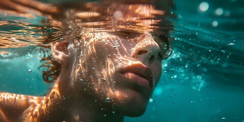 a person under water with his face slightly submerged.

