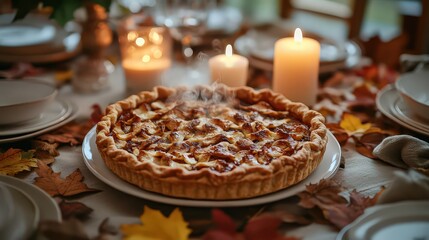 Naklejka premium Steaming pie surrounded by fall leaves and glowing candles on cozy dinner table celebrates autumn flavors and warmth of shared meals.