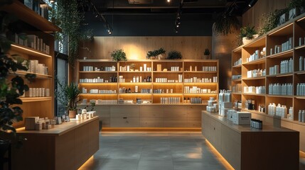 Obraz premium A modern, minimalist retail space with wood shelves stocked with white bottles of product and green plants.