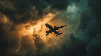 Naklejka premium An airplane navigating through a stormy sky illuminated by lightning.