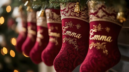 Classic red stocking embroidered with "Emma" in gold cursive, hanging among matching stockings, each adorned with tiny gold bells for a personalized holiday touch.