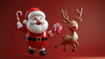 Santa and reindeer figurines holding gifts and candy canes stand joyfully against vibrant red background, exuding festive holiday cheer.