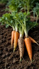Freshly harvested carrots emerging from soil with lush green tops.