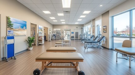 Empty physical therapy room with examination tables, a waiting area, and a large window.