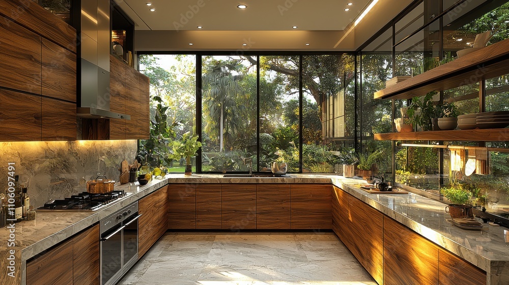 Wall mural Modern kitchen design with natural light and greenery around in a contemporary home