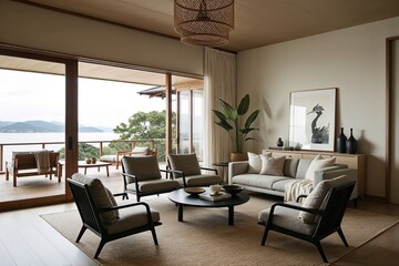 Fototapeta premium Chic Japandi-Inspired Living Room Interior with Serene Atmosphere and Minimalist Design