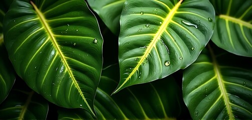 Close-Up of a Tropical Monstera Leaf with Dewdrops