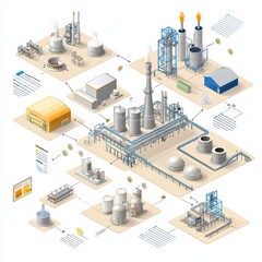 Obraz premium Isometric illustration of an industrial plant with various equipment and structures, white isolated background.