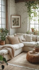Cozy Neutral Living Room Corner With Plants And Sectional Sofa