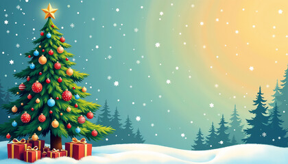 Obraz premium Festively decorated Christmas tree with presents in a snowy landscape, cheerful atmosphere, copy space