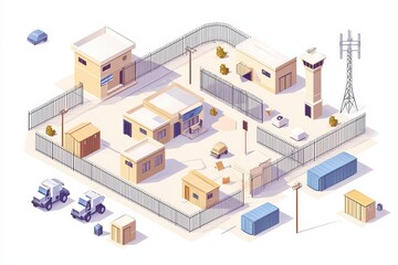 Isometric illustration of a small industrial complex with buildings, fences, and vehicles on a white background.