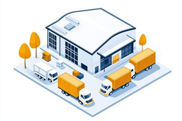 Modern logistics center with trucks, warehouse, and trees, on a white isolate background.