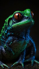 Fototapeta premium Frog with glowing neon green and blue skin.