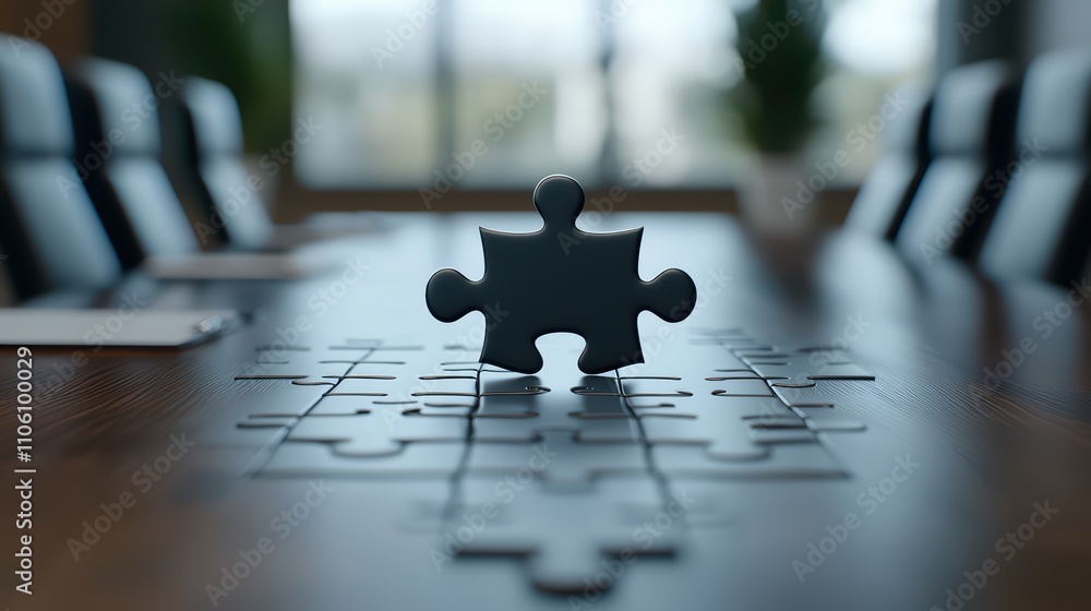 Poster puzzle piece on conference table, symbolizing problem-solving and teamwork in the modern office envi