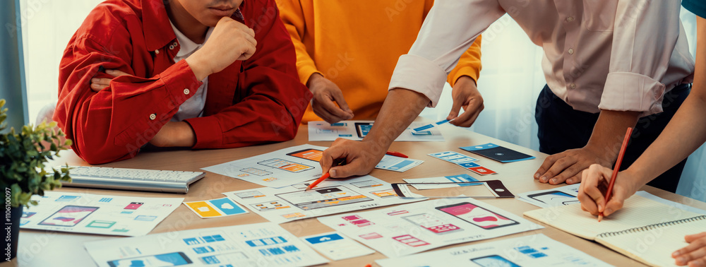 Poster panorama banner of startup company employee planning on user interface prototype for mobile applicat