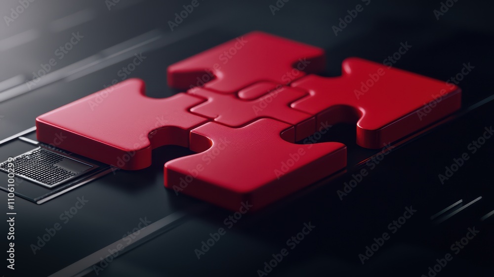 Poster red puzzle piece on a dark background, symbolizing problem solving and teamwork.