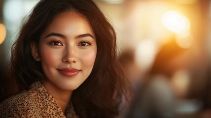 Fototapeta premium working in cafe with smile concept. Young woman smiling warmly in a cozy café setting.