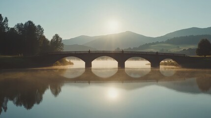 Serene Riverside Bridge at Sunrise